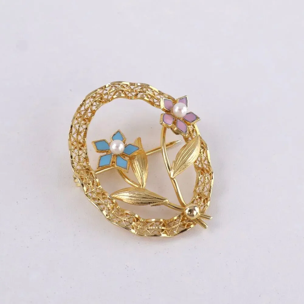 Vintage IPS 12K Gold Filled Brooch Pin Enamel Flower Pearl Oval Filigree